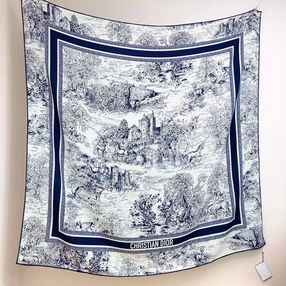 Dior Toile de Jouy 100% Silk Square Scarf Navy Blue Cream NWT With Box - Picture 3 of 9